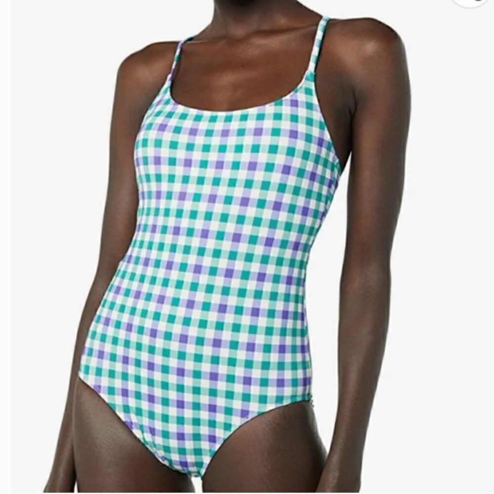 Amazon Essentials Blue Green Gingham One Piece Bathing Swim Suit